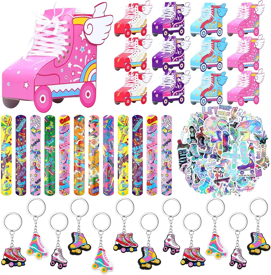 86 Pcs Roller Skate Birthday Favors with Box Slap Bracelets Keychain and Stickers for Retro 80s 90s Party Supplies Classroom Rewards Hip Hop Birthday Party Decorations