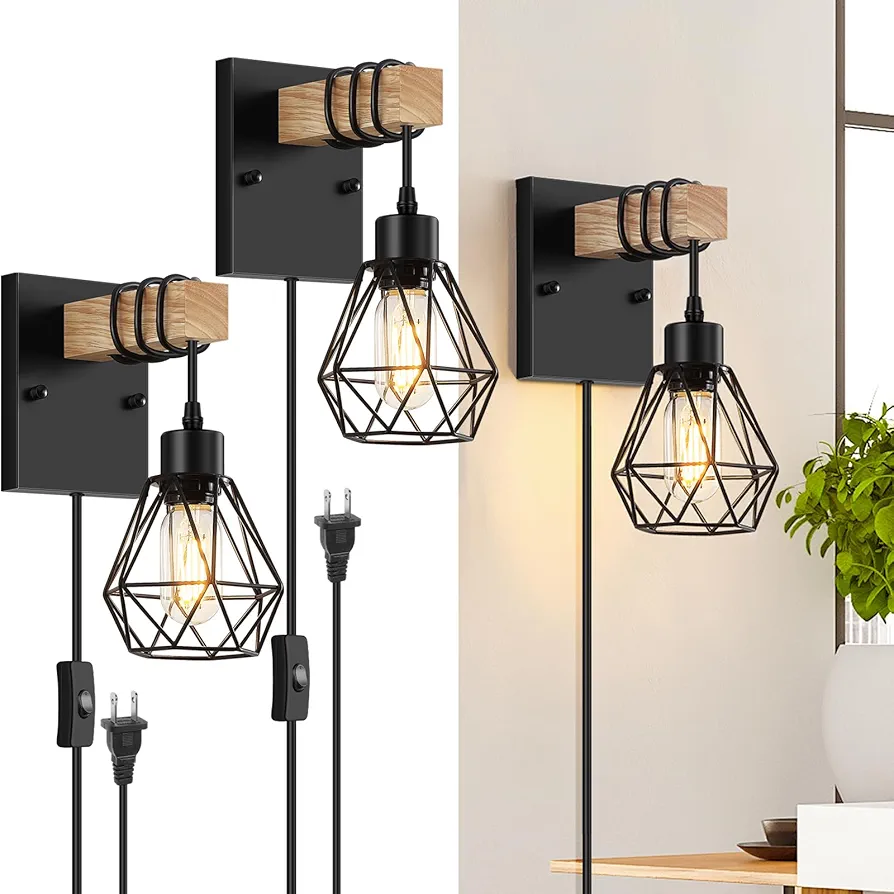 Plug in Wall Sconces Set of Two, Vintage Wood Wall Lamps with Plug in Cord, Farmhouse Wall Light Fixture with 5.25FT On/Off Switch Cord, Indoor Wall Lamp for Bedroom Living Room