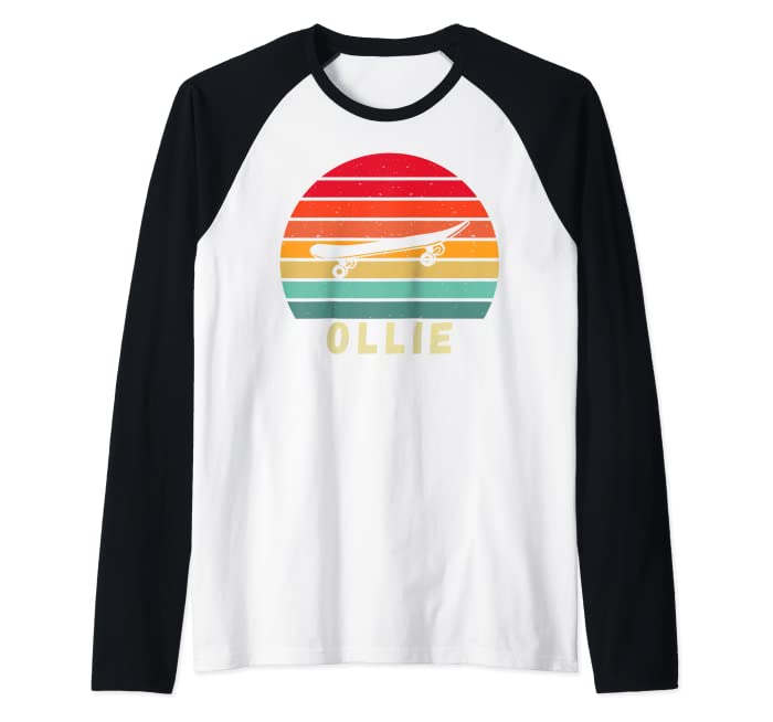 ollie skateboard skate vintage retro sunset skateboarder art Raglan Baseball Tee