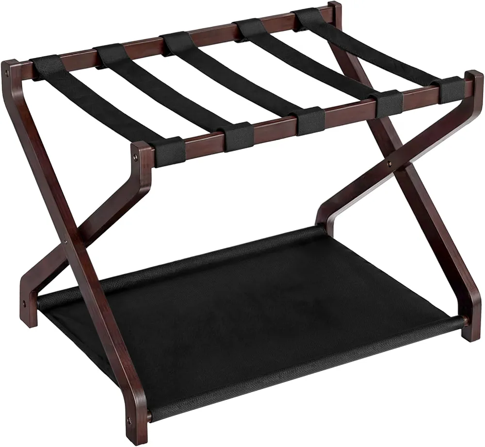 HOOBRO Luggage Rack, Folding Luggage Rack, Bamboo Suitcase Stand, with Nylon Straps and Oxford Shelf, for Guest Room, Hotel, Bedroom, Brown and Black BR09XL01