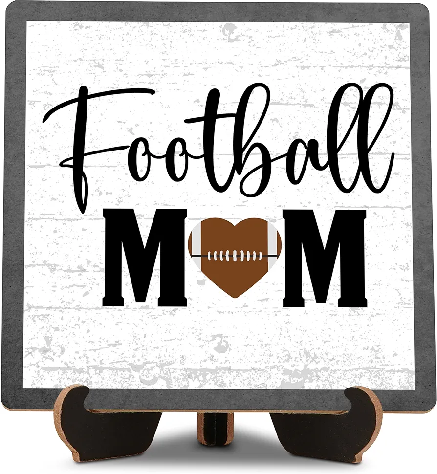 Fall Table Decor, Football Mom Wooden Plaque with Stand, Autumn Decorative Wood Sign for Home Office Living Room Party Favor Supplies Shelf Table Party Supplies - D15