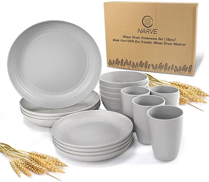 Wheat Straw Dinnerware Sets (16pcs) Grey-Unbreakable Microwave Safe-Lightweight Bowls, Cups, Plates Set-Reusable, Eco Friendly,Dishwasher Safe,Wheat Straw Plates,Wheat Straw Bowls, Cereal Bowls