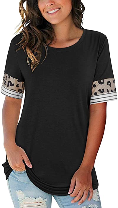 Womens T Shirts Fashion Leopard Summer Short Sleeve Striped Color Block Casual Crewneck Shirt Baseball Raglan Tee Top