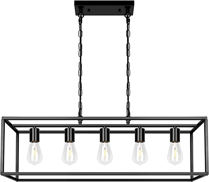 Black Farmhouse Kitchen Island Lighting Modern Linear Chandelier Industrial Dining Room Rectangular Light Fixtures for Living Room Foyer Bar (Black, 5-Light)