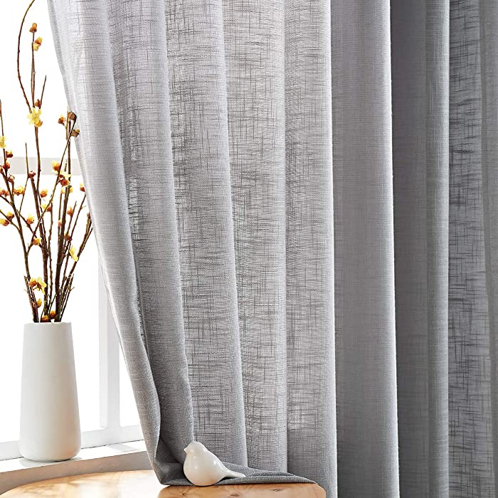 FMFUNCTEX Grey Semi-Sheer Curtains for Living Room Rich Linen Textured Window Curtain Draperies 52”w x63”L Grommet Top Set of 2