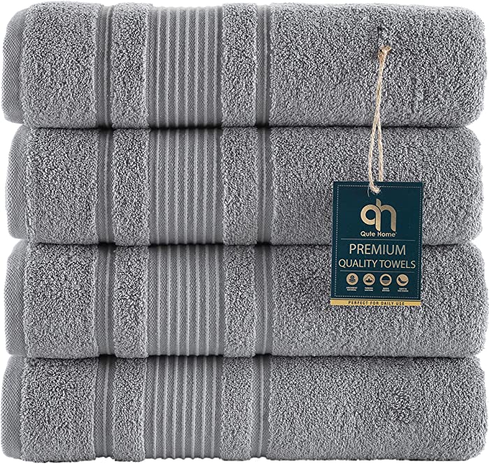 Qute Home 4-Piece Bath Towels Set, 100% Turkish Cotton Premium Quality Towels for Bathroom, Quick Dry Soft and Absorbent Turkish Towel Perfect for Daily Use, Set Includes 4 Bath Towels (Grey)