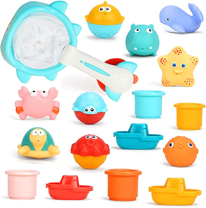 Eners Bath Toy Set, Beach Toys, Toddler Bathtub Bath Toys, Floating Animal Toys for Kids, Pool Toys for Babies 2-4 Years Old (17 Piece Set with Fishing Net and Organizer)