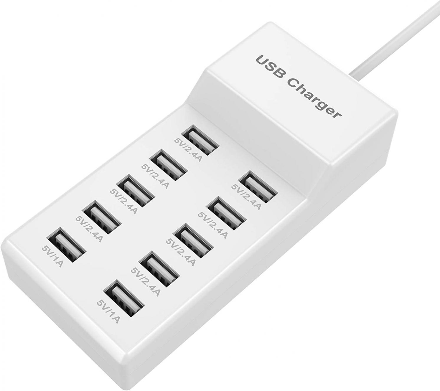 USB Wall Charger 10-Port USB Charger Station with Rapid Charging Auto Detect Technology Safety Guaranteed Family-Sized Smart USB Ports for Multiple Devices Smart Phone Tablet Laptop Computer