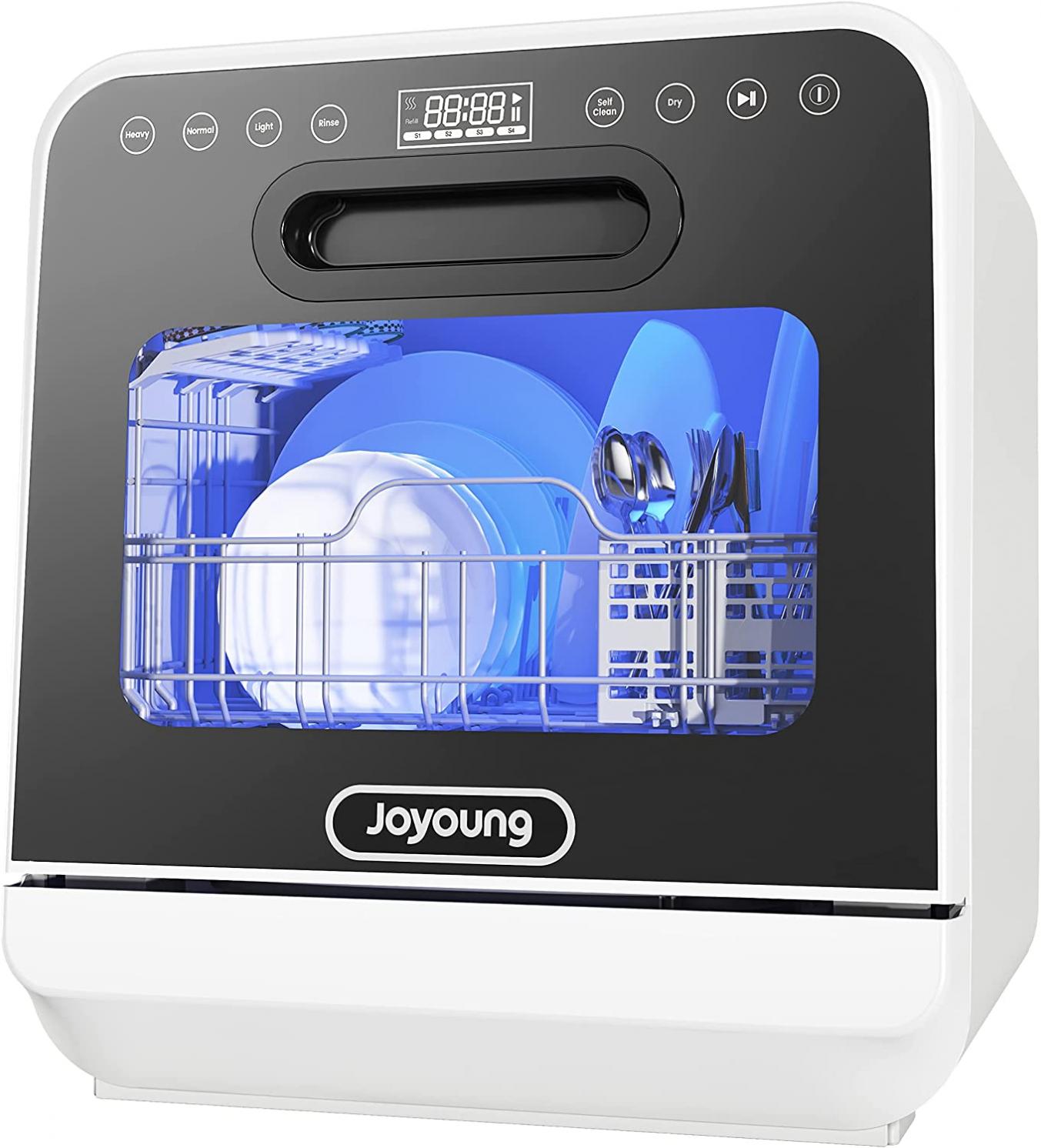 JOYOUNG Portable Countertop Dishwasher, 5L Built-in Water Tank, 5 Washing Programs with Air-Dry Function, 360° Dual Spray Arms, Compact Size and Large Capacity for a Family of 6