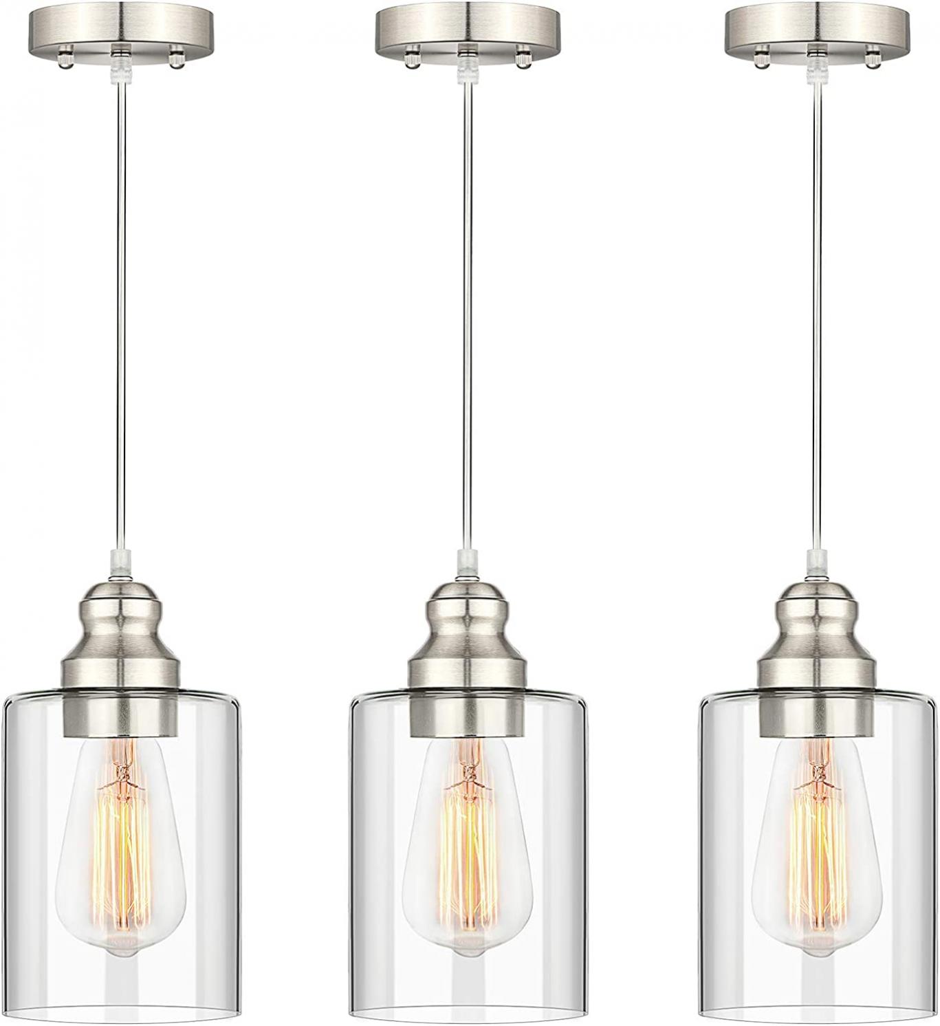 Industrial Pendant Lighting, Adjustable Hanging Light Fixtures, Clear Glass Shade Pendant Light, Vintage Farmhouse Mini Hanging Ceiling Lamp for Kitchen Living Room Bedroom Hallway, E26 Base, 3-Pack