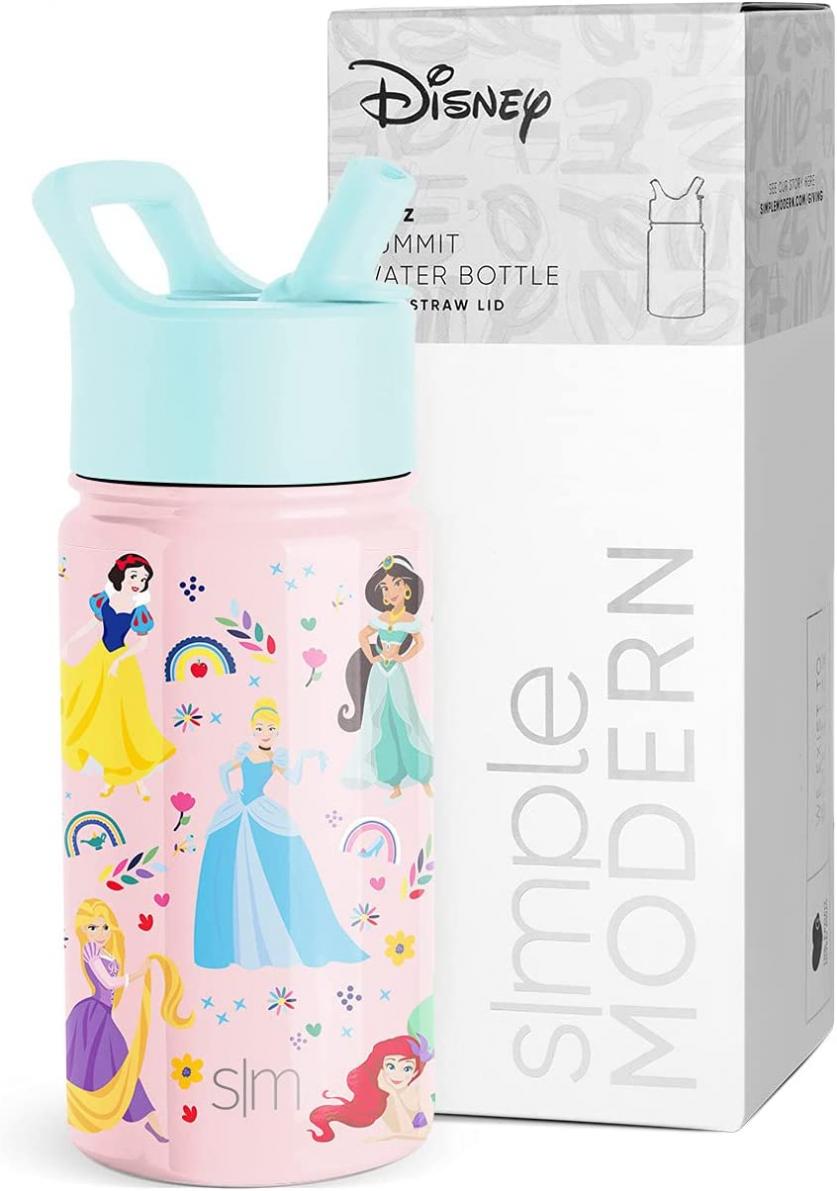 Simple Modern Disney Princesses Kids Water Bottle with Straw Lid | Reusable Insulated Stainless Steel Cup for School | Summit Collection | 14oz, Princess Rainbows