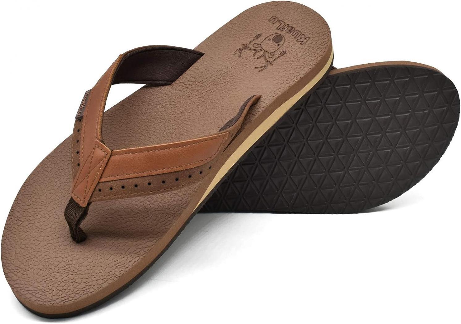 KuaiLu Men's Yoga Mat Leather Flip Flops Thong Sandals with Arch Support