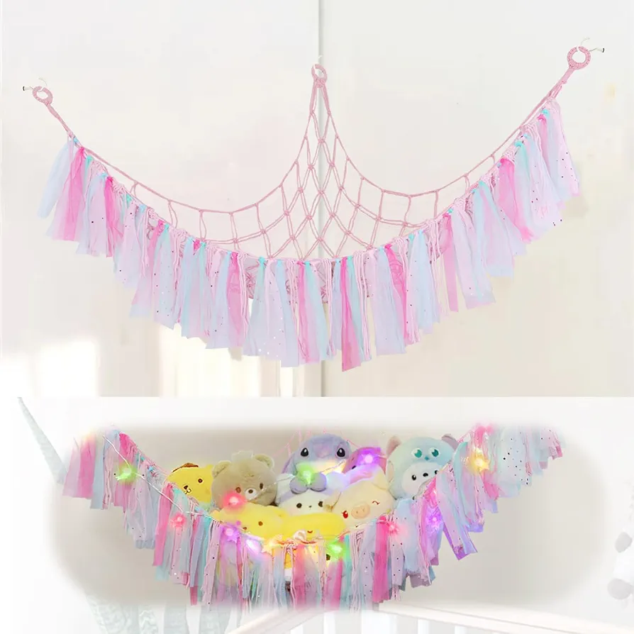 Stuffed Animal Hammock Corner with LED Light and Colorful Lace Tassels,59Inch Stuffed Animals Hammock Girls Room Decoror Kids Room Decor, Stuffed Animals Storage for Nursery Kids Decor(Pink)