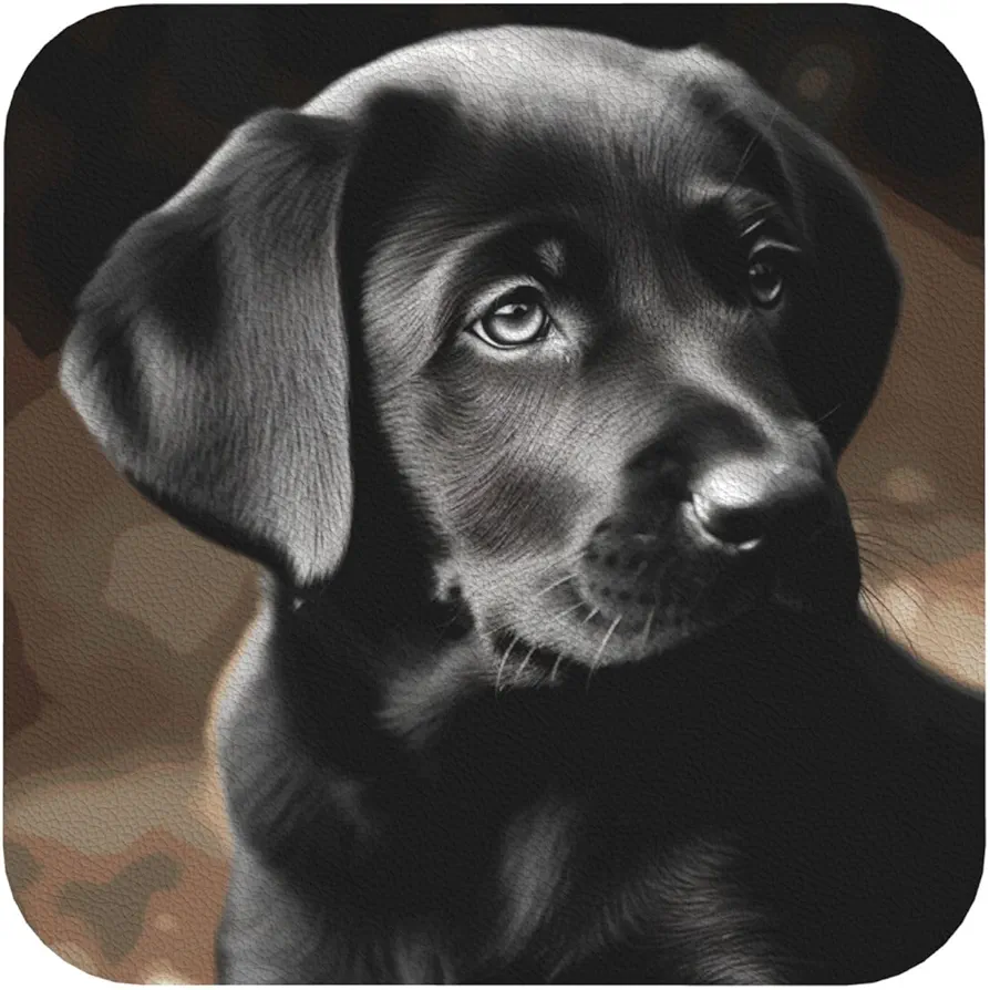 Black Labrador Puppy Print 4 PCS Leather Coasters Set Waterproof Anti-Scald Drink Coasters Mugs Mat for Living Room Coffee Table 4 Inch