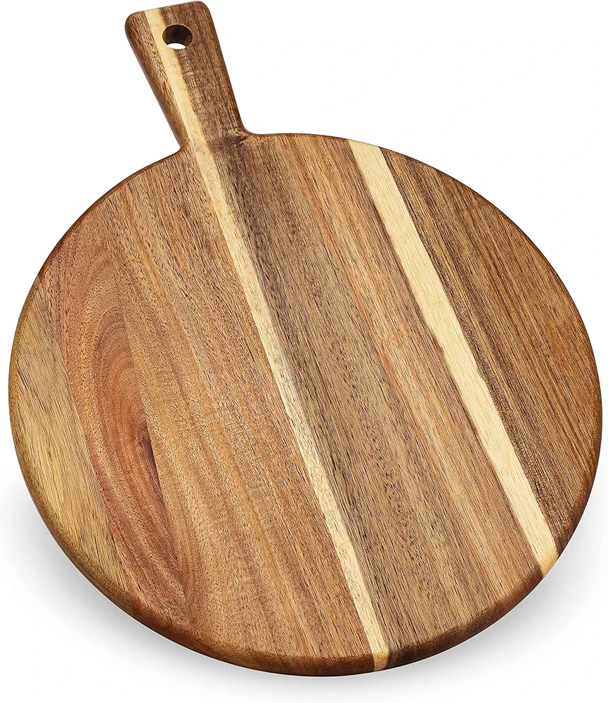 Acacia Wood Round Cutting Board and Chopping Board with Handle for Meat, Cheese Board, Vegetables, Bread, and Charcuterie - Decorative Wooden Serving Board for Kitchen and Dining Room, Large 17" x 13"