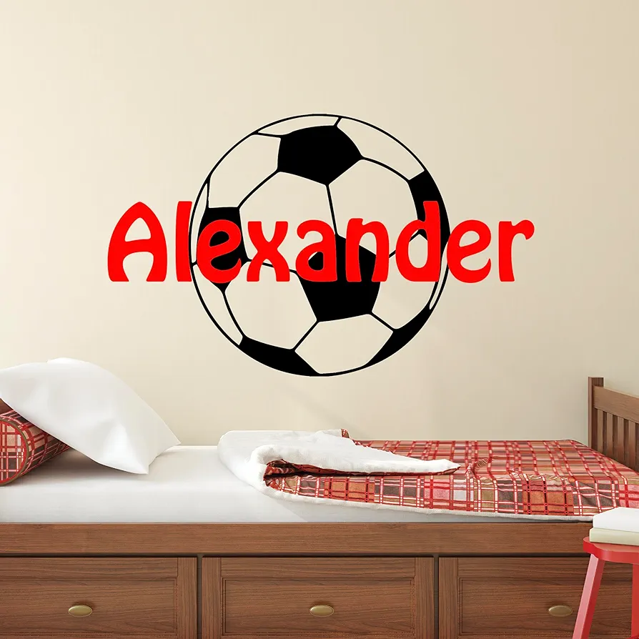 Soccer Name Wall Decal for Kids Room - Sports Ball Boys Wall Decals - Custom Soccer Wall Stickers for Teens Bedroom - Sport Ball and Net Removable Wall Art Mural Vinyl Sticker