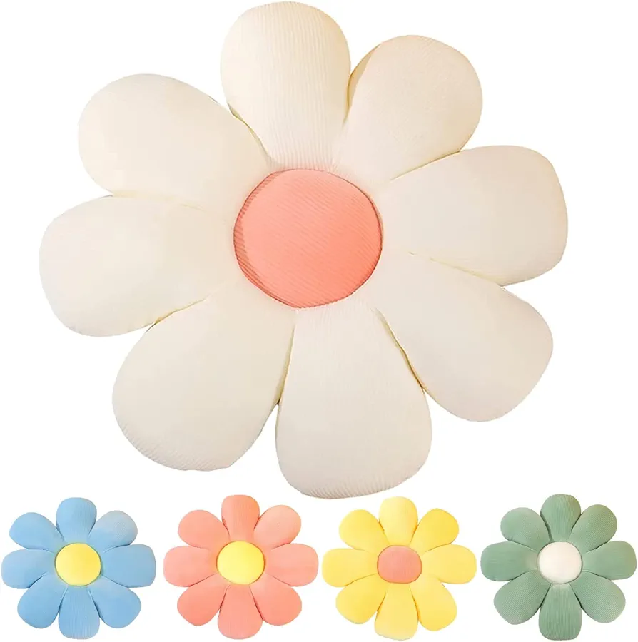 Flower Floor Pillow Seating Cushion Daisy Flower Throw Pillow Cute Room Decor for Girls Flower Plush for Reading and Lounging Comfy Pillow (38cm/14.96inch, White)