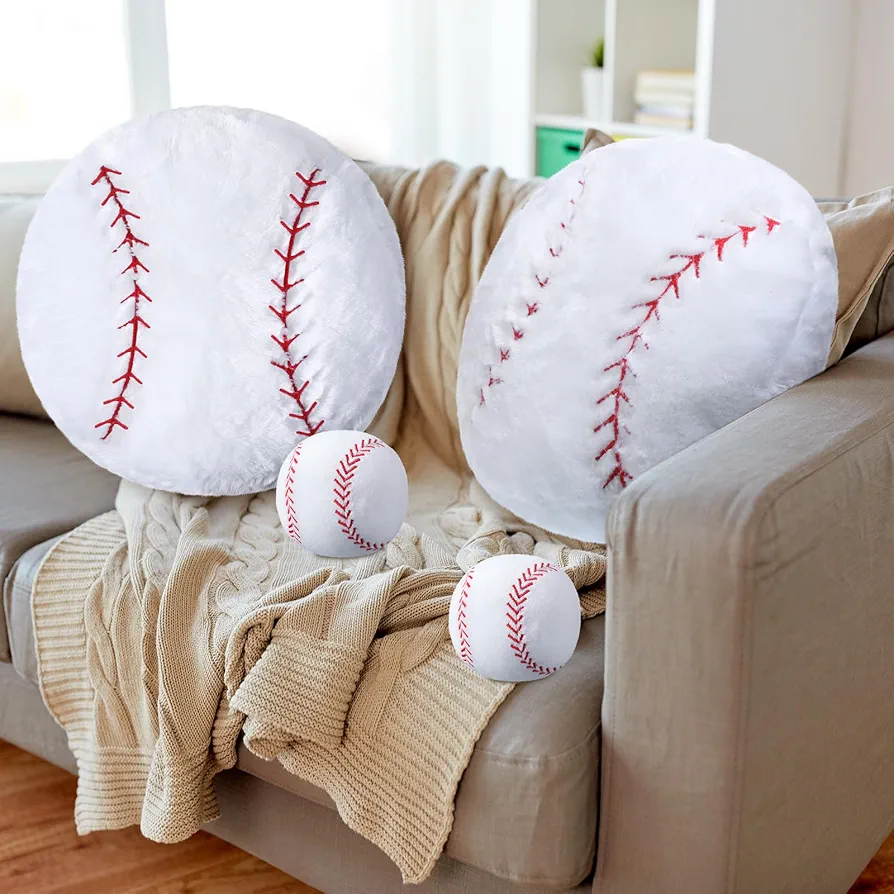 2 Pcs Plush Baseball Pillow Fluffy Stuffed Sport Pillow Round Baseball Lover Gifts Party Cushion Room Decorations for Boy Girl Bedroom