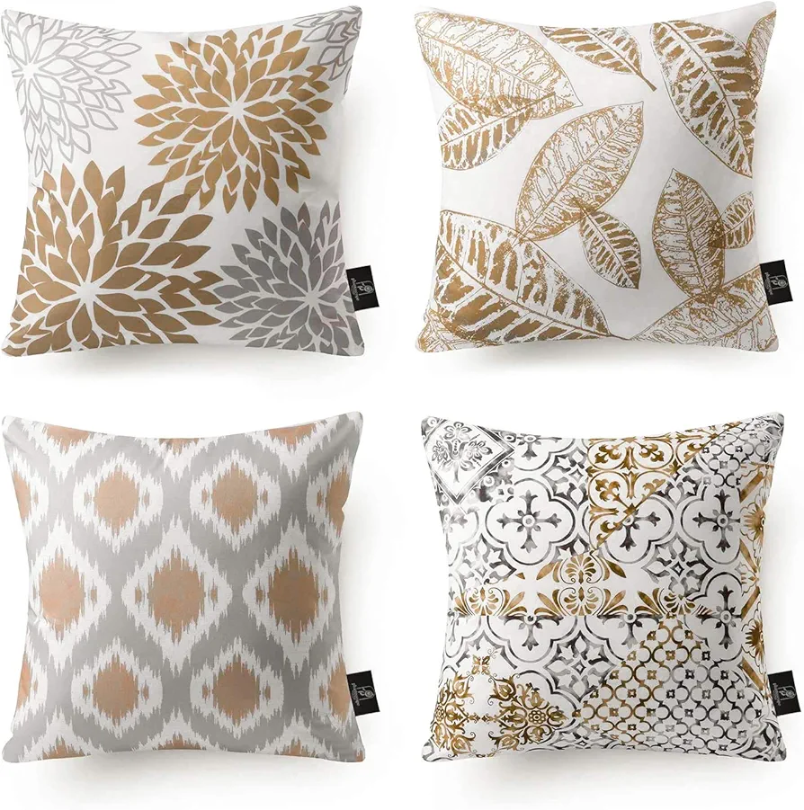 Phantoscope Set of 4 New Living Series Leaf Geometric Coffee Throw Decorative Pillow Cover Cushion Cover 18 x 18 inches 45 x 45 cm