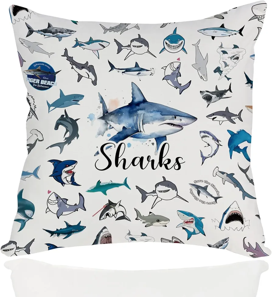 Sharks Ocean Animals Themed Pillow Cover, Sharks Pillow Decorations for Home, Shark Lover Gifts, Bedroom Living Room Guest Room Home Decor Throw Pillow Cover18 x 18Inch (Sharks-3)