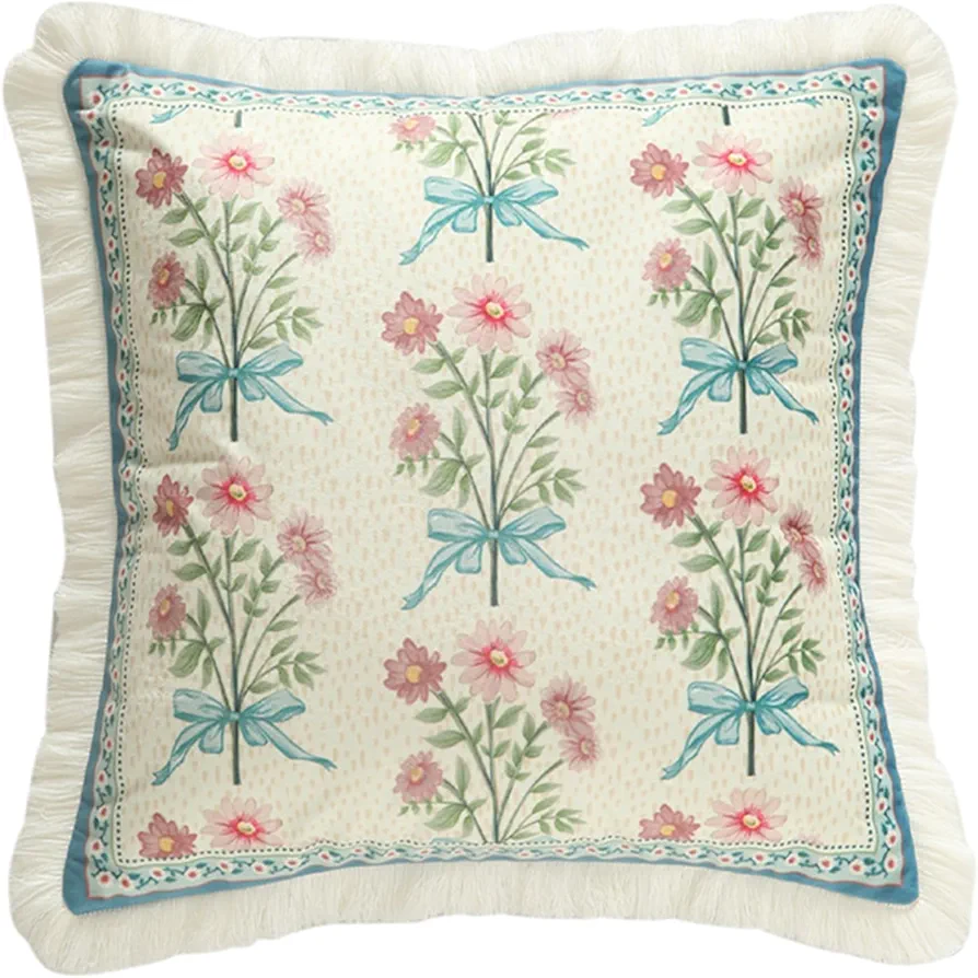 Designer French Country Velvet Throw Pillow Cover 18x18 inches,Elegant Blue Pink Small Floral Pattern,Decorative Square Pillowcases Cushion for Bed Living Room Outdoor Car