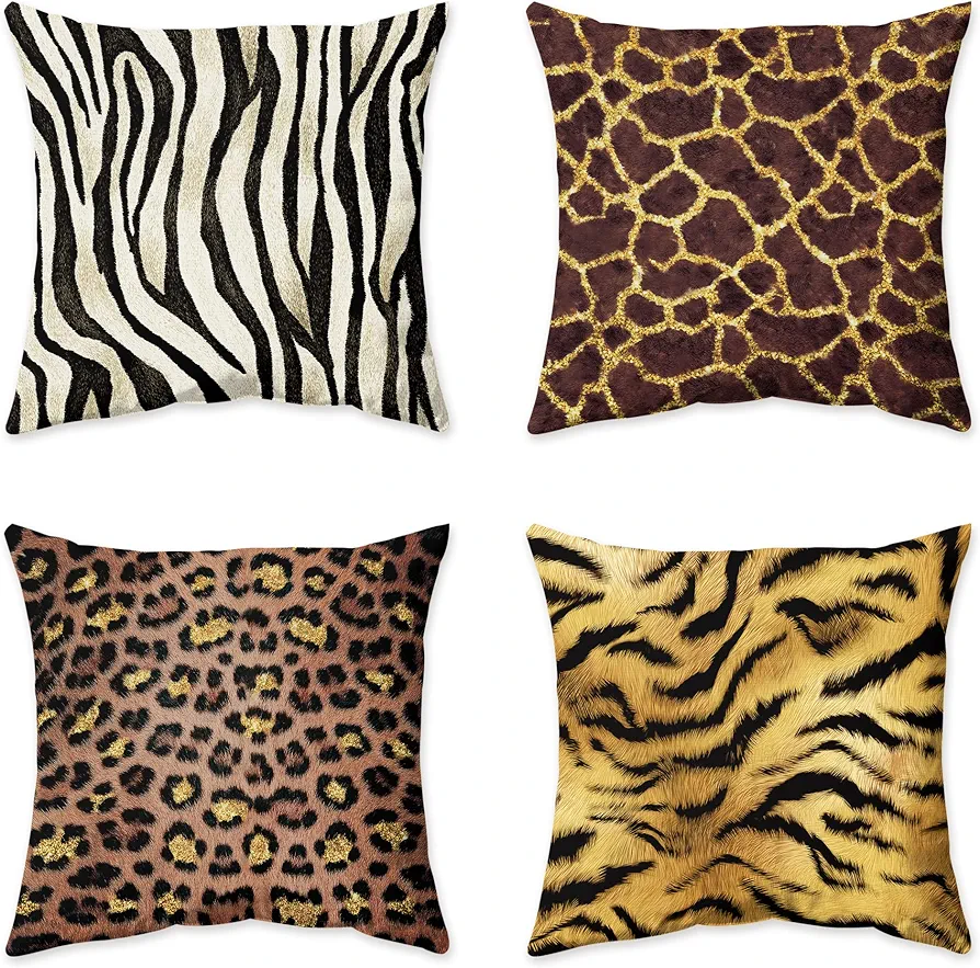 Animal Print Pillow Covers Set of 4 Jungle Animal Throw Pillows Tan Faux Fur Wildlife Room Decor Man Masculine Pillow Cushion Case 18Wx18L Inches Decorative Pillowcases for Bed Sofa Home Decor