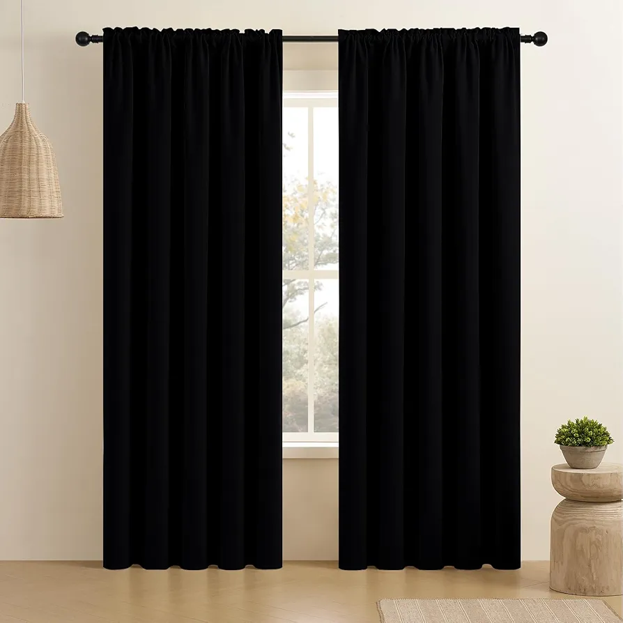 CUCRAF Black Blackout Curtains 84 inch Length 2 Panels Set, Rod Pocket Room Darkening Drapes for Bedroom Living Room, Insulated Thermal Light Blocking Window Curtain (W52 x L84 Inch)