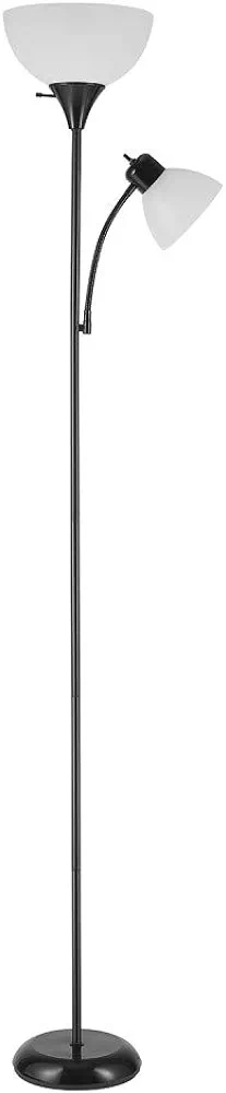 Globe Electric 67135 72" Torchiere Floor Lamp + Adjustable Reading Light, Matte Black, Frosted Plastic Shade, 3-Step Rotary Switch on Socket, Living Room Décor, Reading Light, Home Essentials