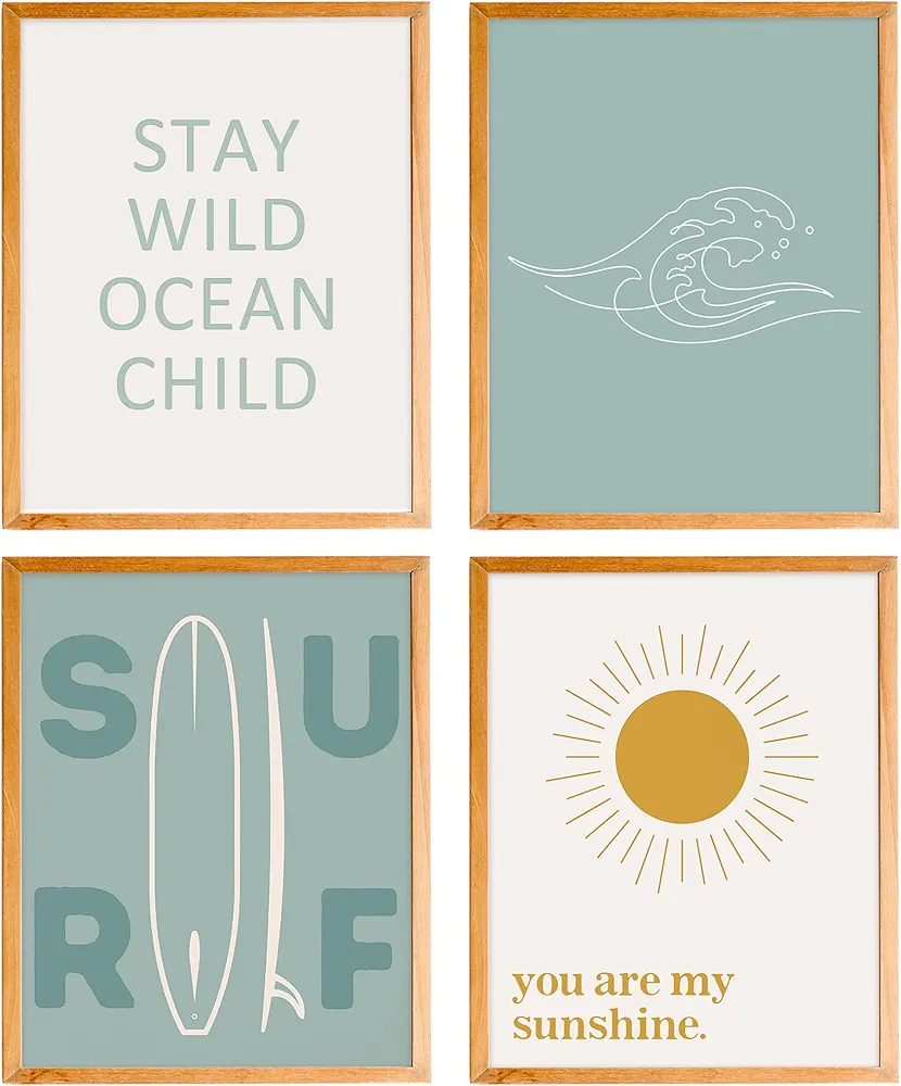 BearCake Ocean Wall Art Set of 4 - Coastal Summer Beach Ocean Wall Decor for Toddler Kids Boys Girls Room Playroom, You are My Sunshine Wall Decor, 8x10 Inches