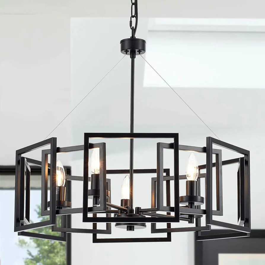 Industrial style Chandelier, with Matt Black Finish Geometric Shade Pendant Lighting Fixture for Dining Room Living Room Kitchen Island Bedroom 5-light