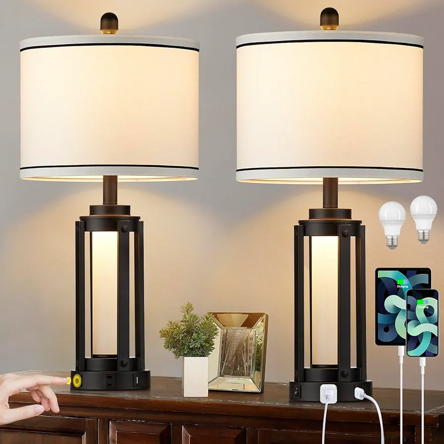 25" Modern Table Lamps Set of 2, Industrial Beside Lamps with USB A+C Charging Ports & AC Outlet, Nightstand Lamp with Glass Night Light for Living Room Bedroom End Table Decor White(4 Bulbs Included)