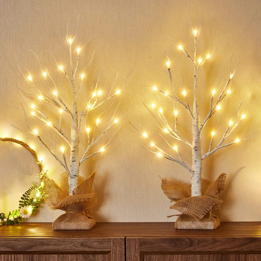 Lighted Birch Tree, 2pcs 24”H Tabletop Tree Light with Burlap Decor, Pre-Lit 24 LED Warm White Lights, Timer Function, Money Tree Perfect for Spring Home Centerpiece Decor, Indoor&Outdoor Use