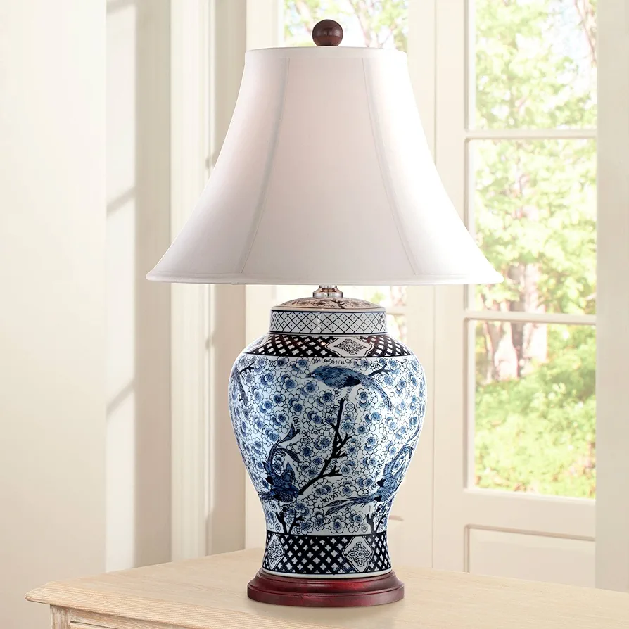 Barnes and Ivy Shonna Asian Chinese Ginger Jar Table Lamp 27" Tall Porcelain Blue White Bird and Branch Bell Shade Decor for Living Room Bedroom House Bedside Nightstand Home Office Entryway