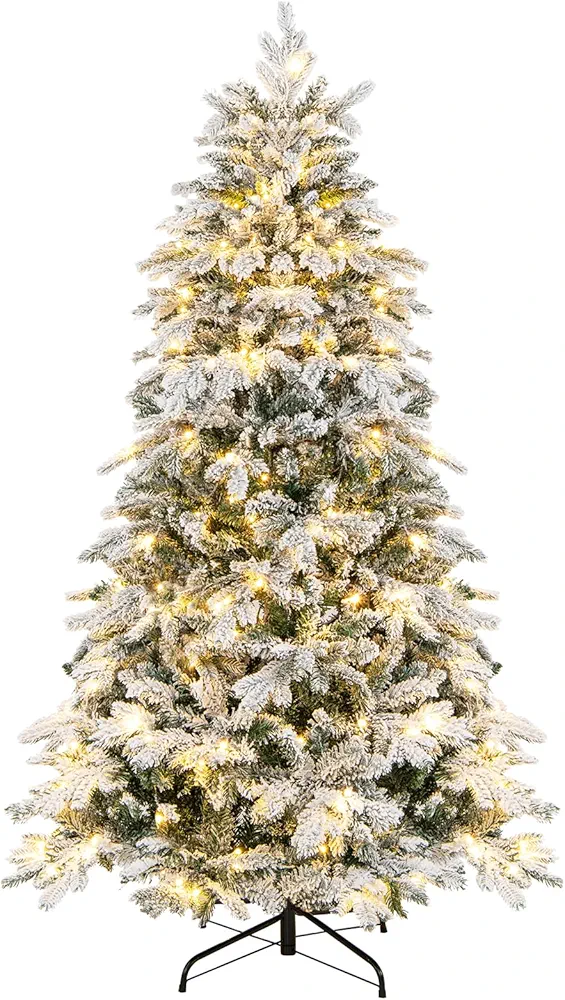 HAPPYGRILL 6FT Flocking Christmas Tree, Fire Resistant Artificial Christmas Tree with 260 Warm White LED Lights, 1415 Tips, Hinged Structure, Pre-lit Xmas Tree for Bedroom, Living Room