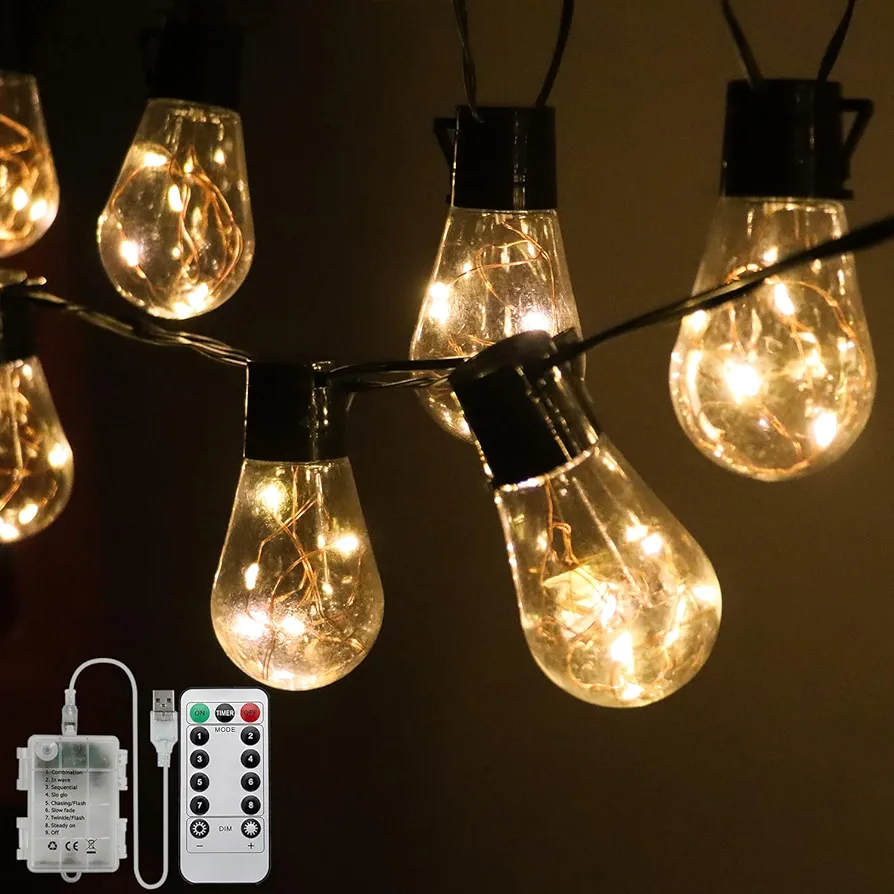 14Ft Battery Operated 20 Hanging Bulb 100 LED Indoor & Outdoor String Lights, Vintage Commercial Battery Operated Outdoor Lights for Bedroom, Patio, Porch, Balcony, Christmas Party, 8 Modes