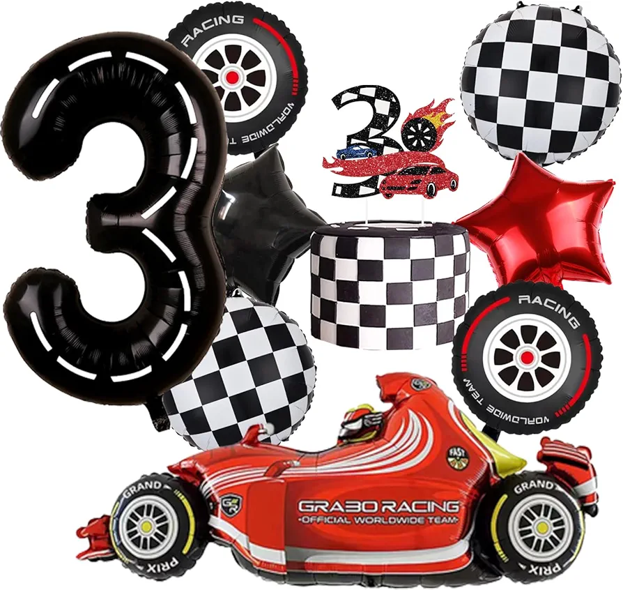 3rd Race Car Birthday Party Decorations Balloons & Cake Topper Red Car Tyres Stars Checkered Large Number 3 Balloons for 3 Year Old Kids Boys Girls Car Theme Party Room Backdrop Decor