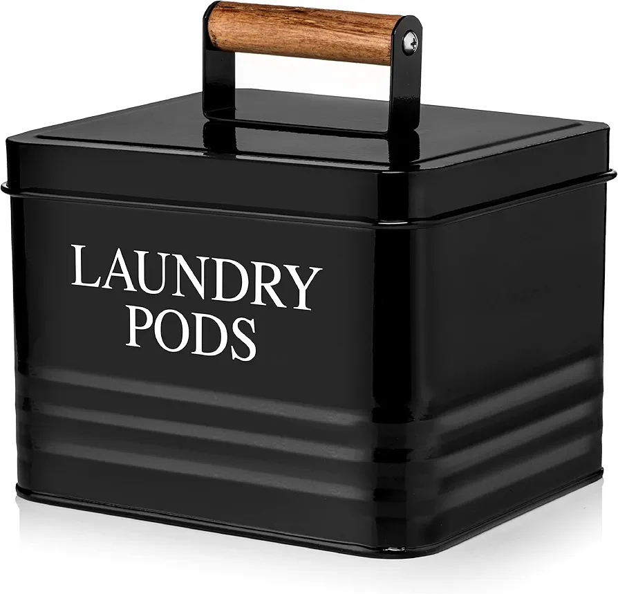 Calindiana Modern Farmhouse Metal Laundry Pods Holder Container with Lid for Laundry Room Decor and Accessories and Space Saving Organization and Storage, Holds 81 Laundry Pods, Black