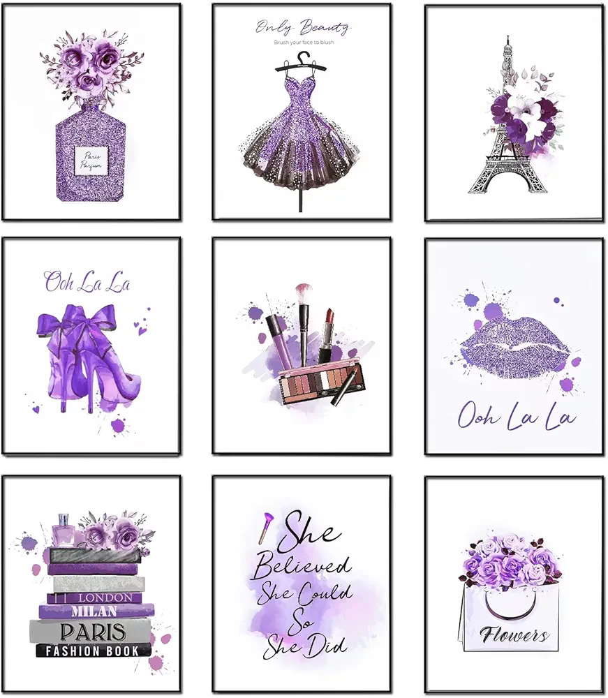 9 Pieces Purple Flower Perfume Fashion Paris Wall Art Prints Wall Pictures Art Posters Wall Decor for Girls Bedroom Makeup Art Women Room 8"x 10" UNFRAMED