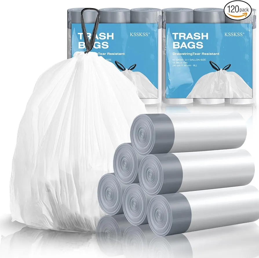 120 Counts 1.6 Gallon Mini Drawstring Trash Bags, Small Garbage Bags by KSSKSS, Code a fit 4.5-6 Liter, 0.8-1.6 Gal, White Trash Bin Liners for Home Office Kitchen Bathroom Bedroom