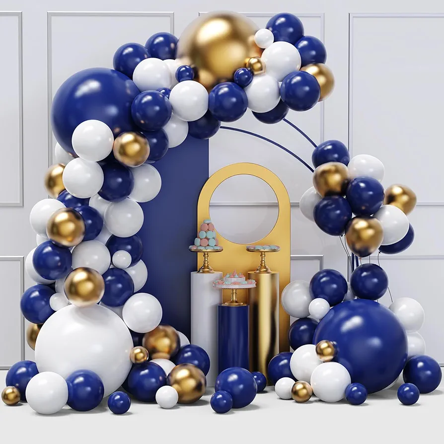 Blue and Gold Balloons Arch Garland Kit, 134pcs Navy Blue Gold White Balloons with Different Size for Graduation, Birthday, Anniversary Party Decorations