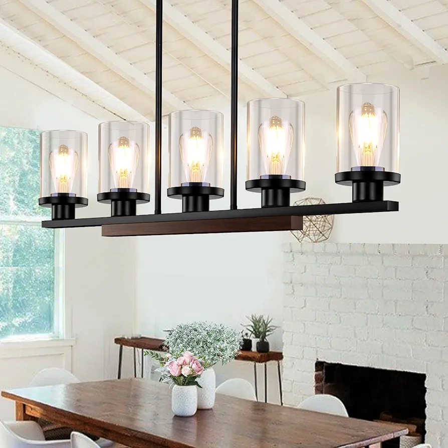 Brightever Dining Room Light Fixture, 5-Light Farmhouse Kitchen Island Lighting, Linear Chandelier with Clear Glass Shades and Adjustable Rods, Modern Pendant Lighting Over Table, E26 Socket