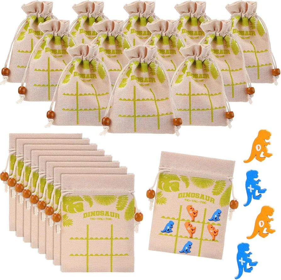 36 Set Dinosaur Party Favors Tic tac toe Games with Burlap Gift Bags Dino Gift for Dinosaur Birthday Classroom Exchange Prizes Goodie Bags Fillers Easter Basket Christma Stuffers