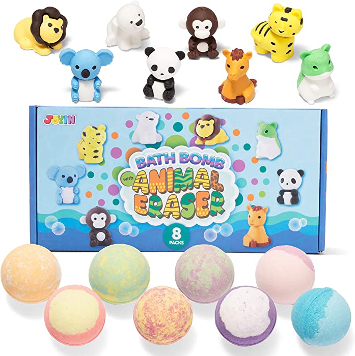 JOYIN Bath Bombs for Kids with Animal Eraser, 8 Pack Bubble Bath Bombs with Surprise Toy Inside, Natural Essential Oil SPA Bath Fizzies Set, Easter Gifts for Boys and Girls