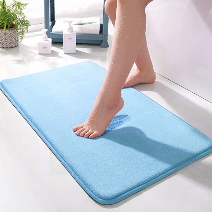 Memory Foam Bath Mat 15.5" X 23" Absorbent Super Cozy Soft Non-Slip Coral Velvet Bathroom Rug Easier to Dry Machine Wash Bathroom Carpet, Sky Blue