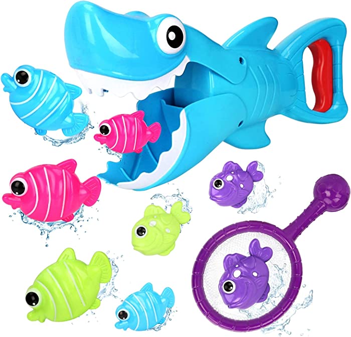 BAMMAX Bath Toys, Shark Grabber Baby Bath Toy Set Bathtub Toy, Great White Shark Toy with Teeth Biting Action with Pole Rod Net&8 Floating Fish, Water Bathroom Toy Bathtime Game for Toddler Infant kid