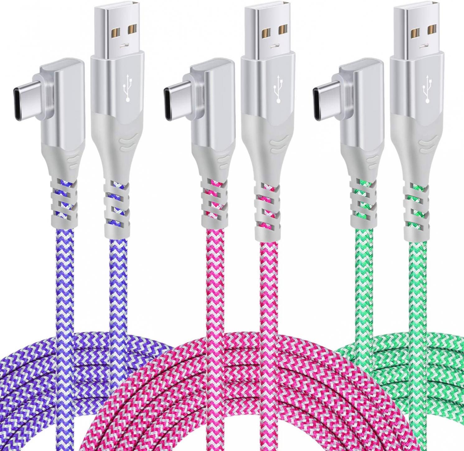 USB Type C Cable Fast Charging [3Pack,10ft],Pofesun USB C Cable Right Angle 90 Degree USB A to Type C Fast Charger Compatible for Samsung S22+Ultra S21 S20 S10 S9 Plus Note 20 10-Purple,Green,Rose