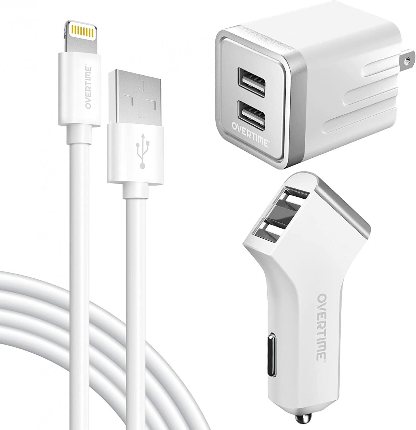 iPhone Charger, Overtime Apple MFi Certified 4ft Lightning USB Cable with Dual Port Wall & Car Charger Adapter for iPhone 11 Pro Max X Xs XR 8 7 6s 5 SE, iPad Pro Air Mini - White