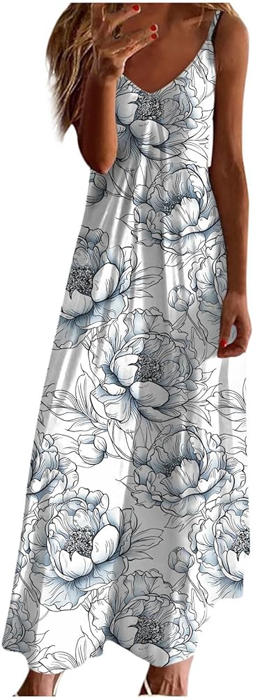 Womens Summer Beach Maxi Dresses Trendy Spaghetti Strap Floral Flowy Long Dresses 2024 Resort wear Clothes