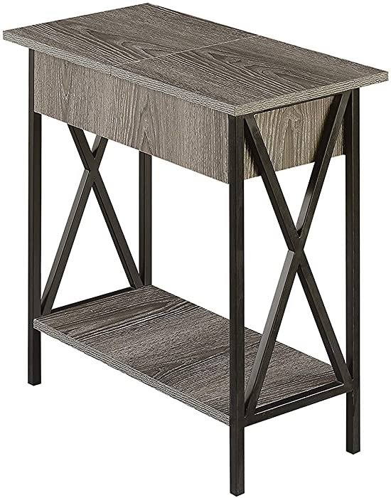 Convenience Concepts Tucson Flip Top End Table with Charging Station and Shelf, Weathered Gray