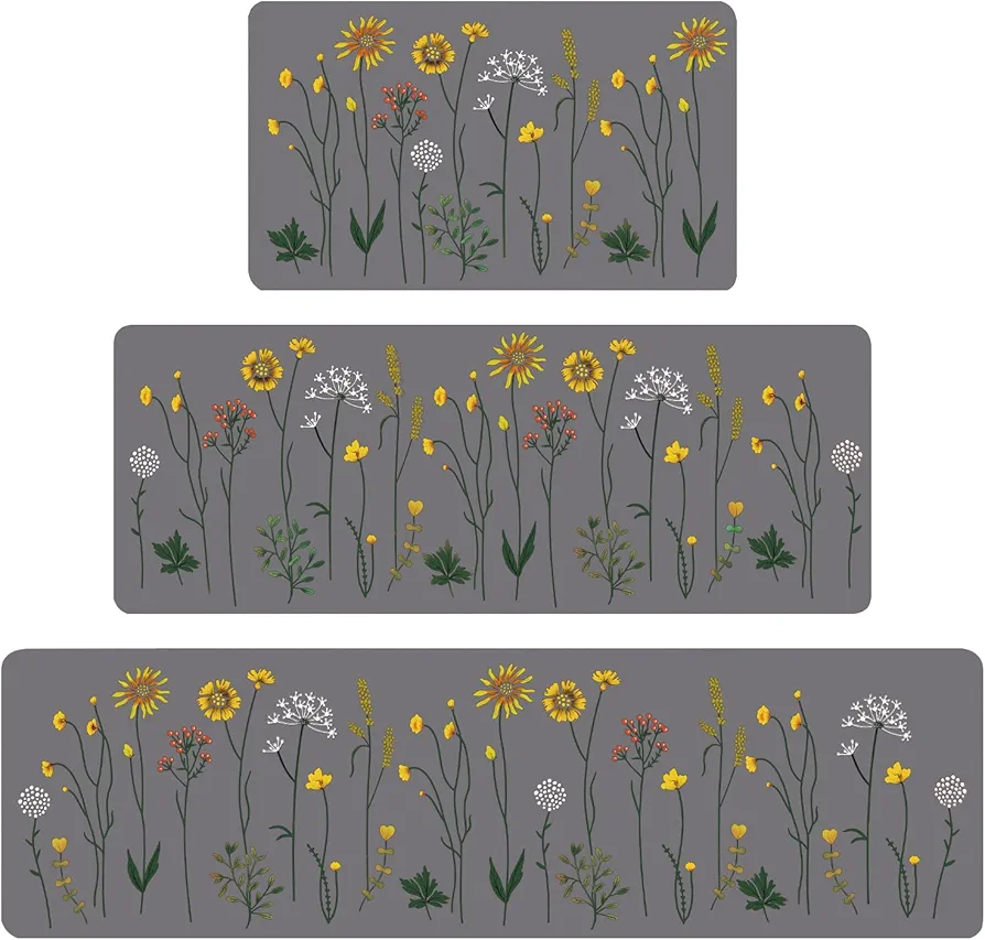 Rempry 3 PCS Kitchen Rugs Mat Set, Colorful Flowers Non Slip Kitchen Mats for Floor, Waterproof Kitchen Rug for Laundry Room, Kithcen, 17"x47"+17"x30"+17"x59", Grey